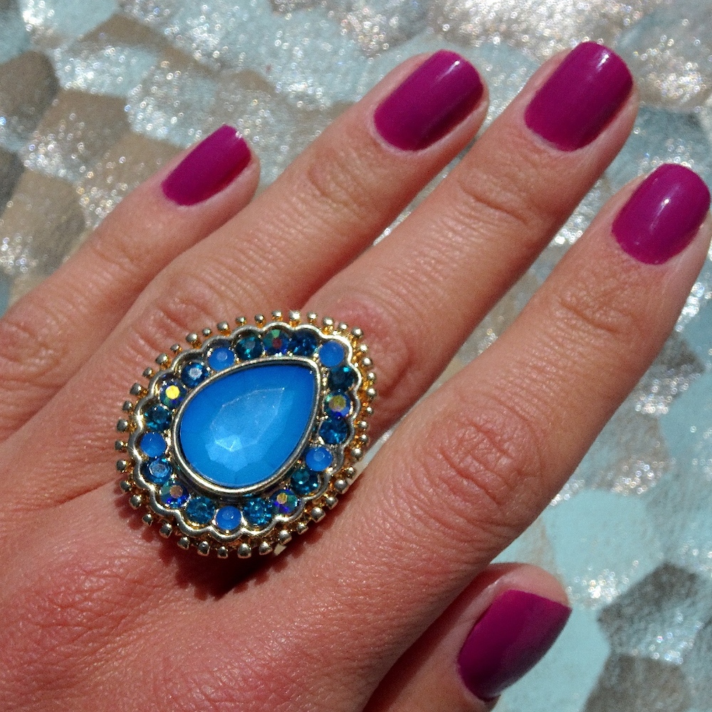 Blue Teardrop Peacock Eye Jewel Gold Tone Stretchy Adjustable Statement Ring